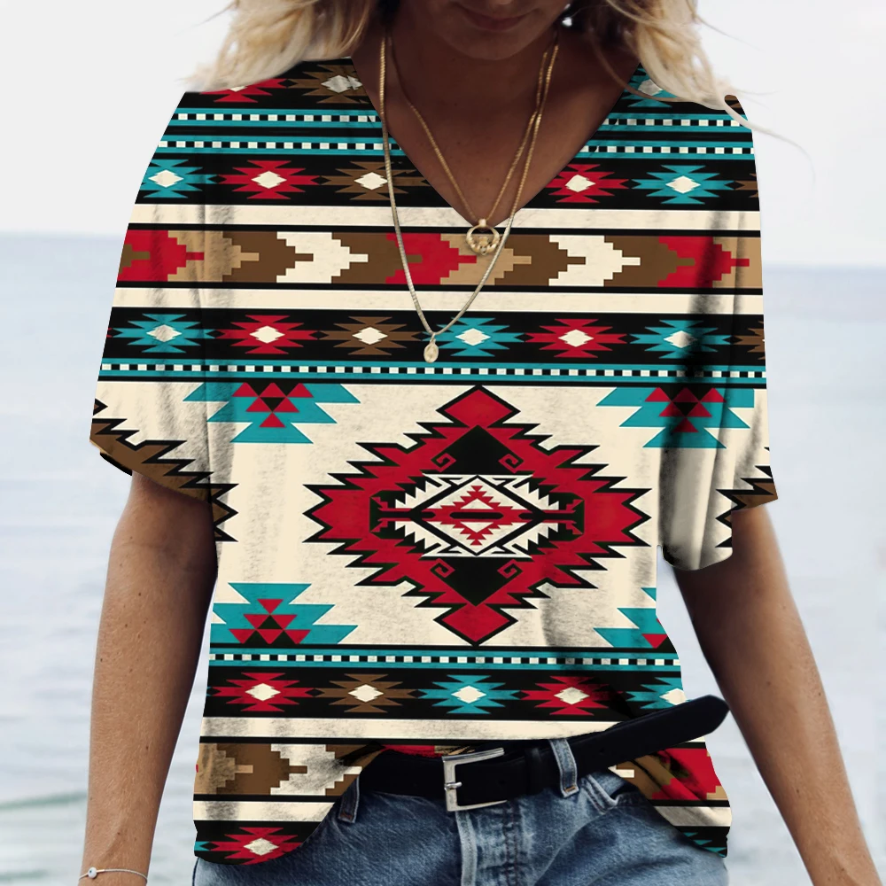 Summer Ethnic Style 3D Printed T-Shirts Women's Fashion Vintage Streetwear Short Sleeve V-Neck T Shirt Tees Tops Woman Clothing — zdjęcie 3