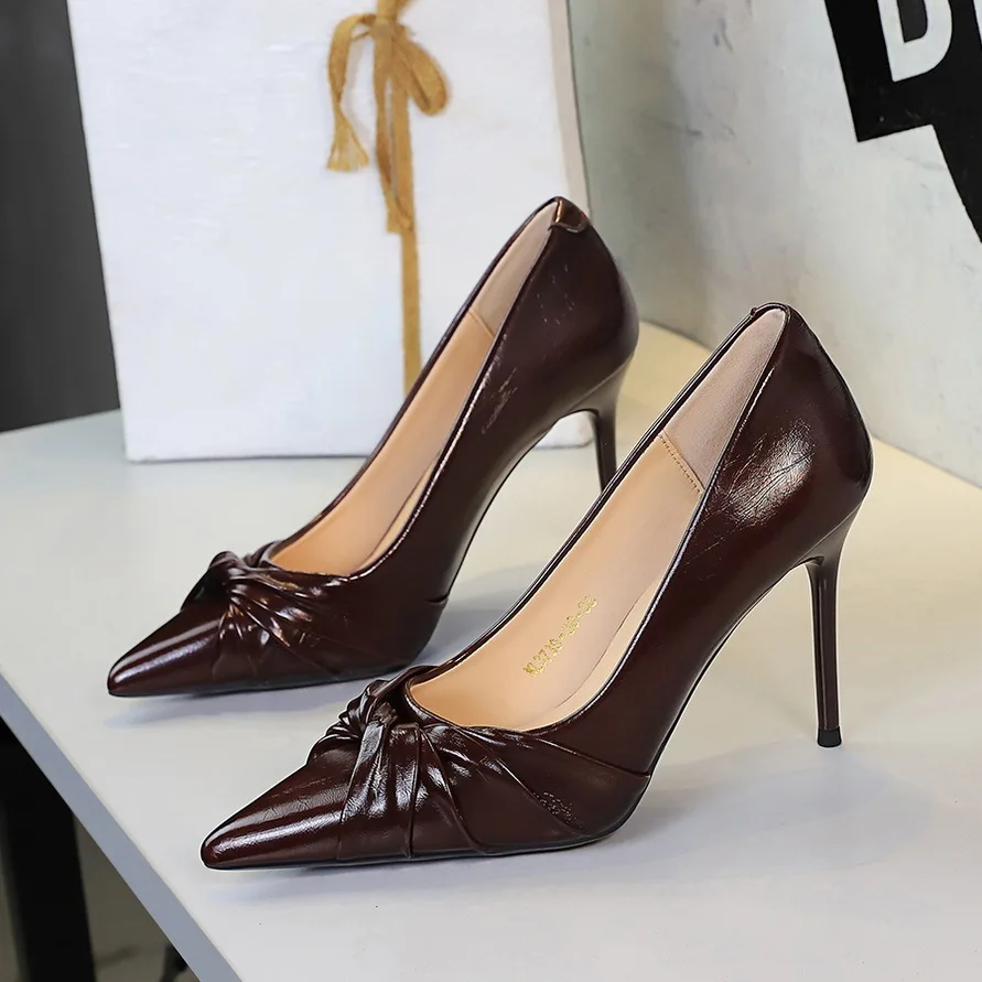 Women's Sexy Pointed Toe Super High Heels Pleated Bow Versatile Ladies Shallow Mouth Banquet Temperament Detailed Order Shoes