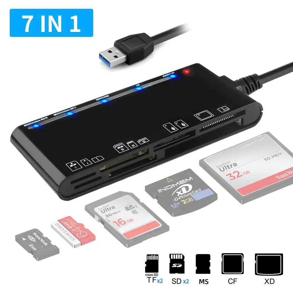 USB 3.0 Multi-Function Card Teader CF/XD/MS/SD/TF Card Seven In One Compatible With Windows Vista/XP/7/8/10/, Linux, Mac Os