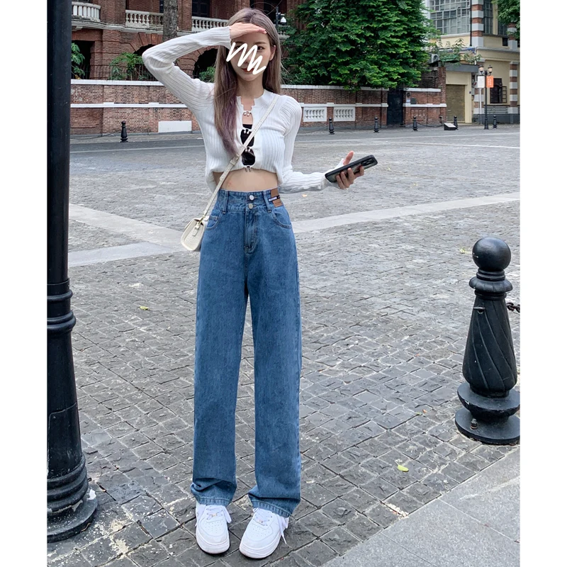 الرجعية واسعة الساق مستقيم قطع الجينز المرأة حجم كبير فضفاضة تناسب عالية الخصر السراويل الطويلة الخريف Faion المضادة للتجاعيد اللون العميق #4