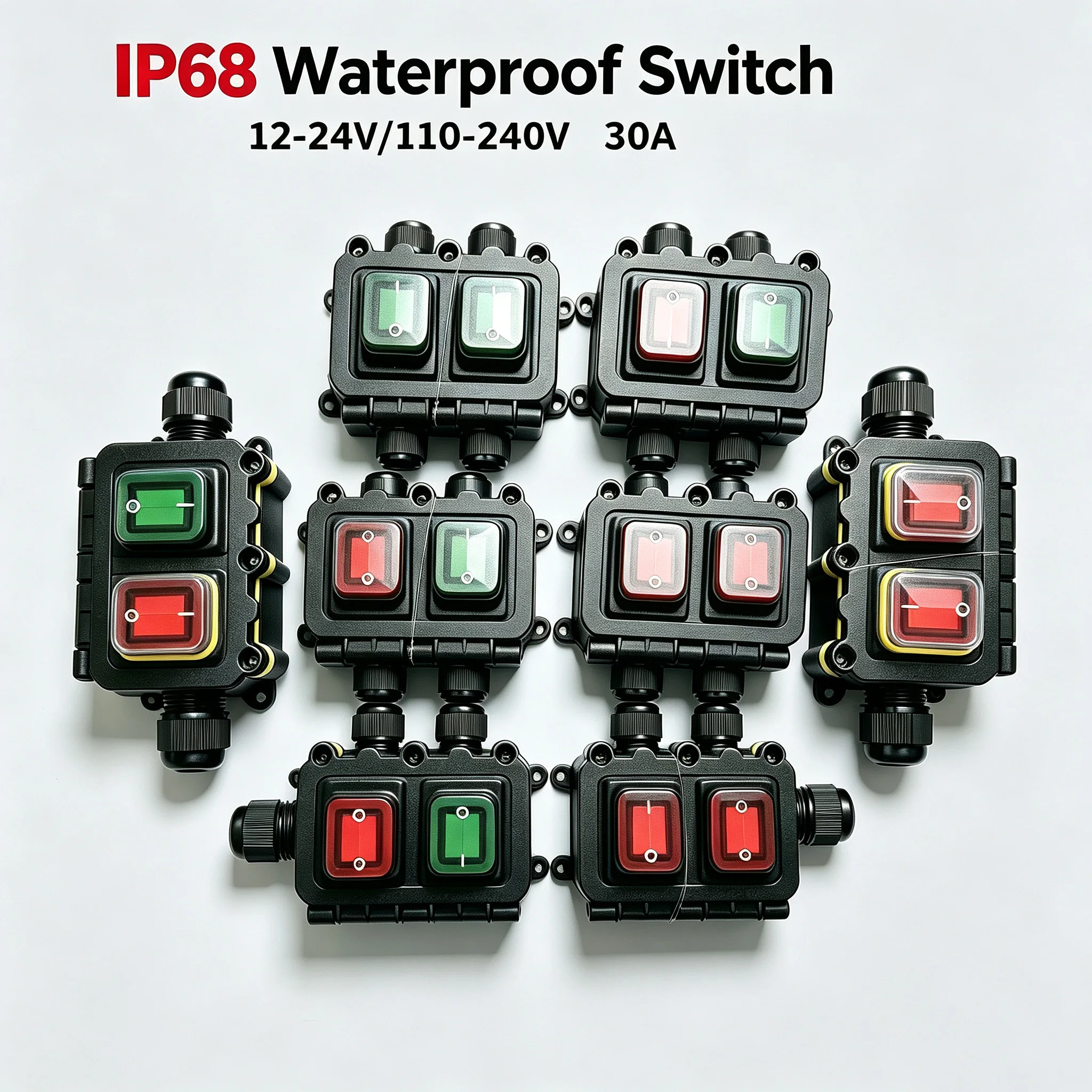 IP68 Waterproof Inline Cord Rocker Switch Box with Optional LED Indicator Single/Dual on off 16A 30A for 24V 220V Outdoor Garden