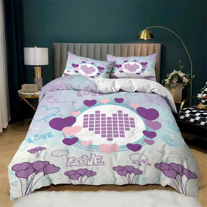 Love Heart Duvet Cover Set Microfiber Bear Comforter Cover Soft Romantic Bedding Sets Valentine\'s Day For Girls Women Room Decor