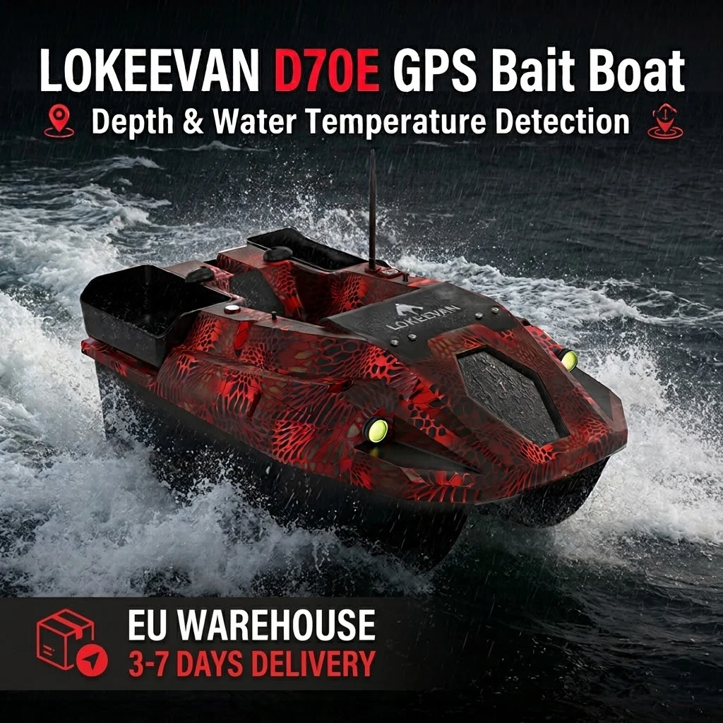 GPS-Köderboot LOKEEVAN D70E 12V 2,0M/S 600M Ferngesteuertes Angelköderboot mit 100 GPS-Punkten, Tiefen- und Wassertemperaturerkennung, 2,5KG Ladekapazität, automatische Rückkehrfunktion