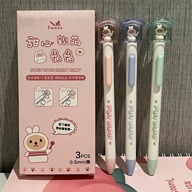 3pcs/set Cute Cartoon Gel Pen for Kids Girl Kawaii Animal Bear Bunny Stationery Gel Pen 0.5mm Black Ink Pen for Writing Student