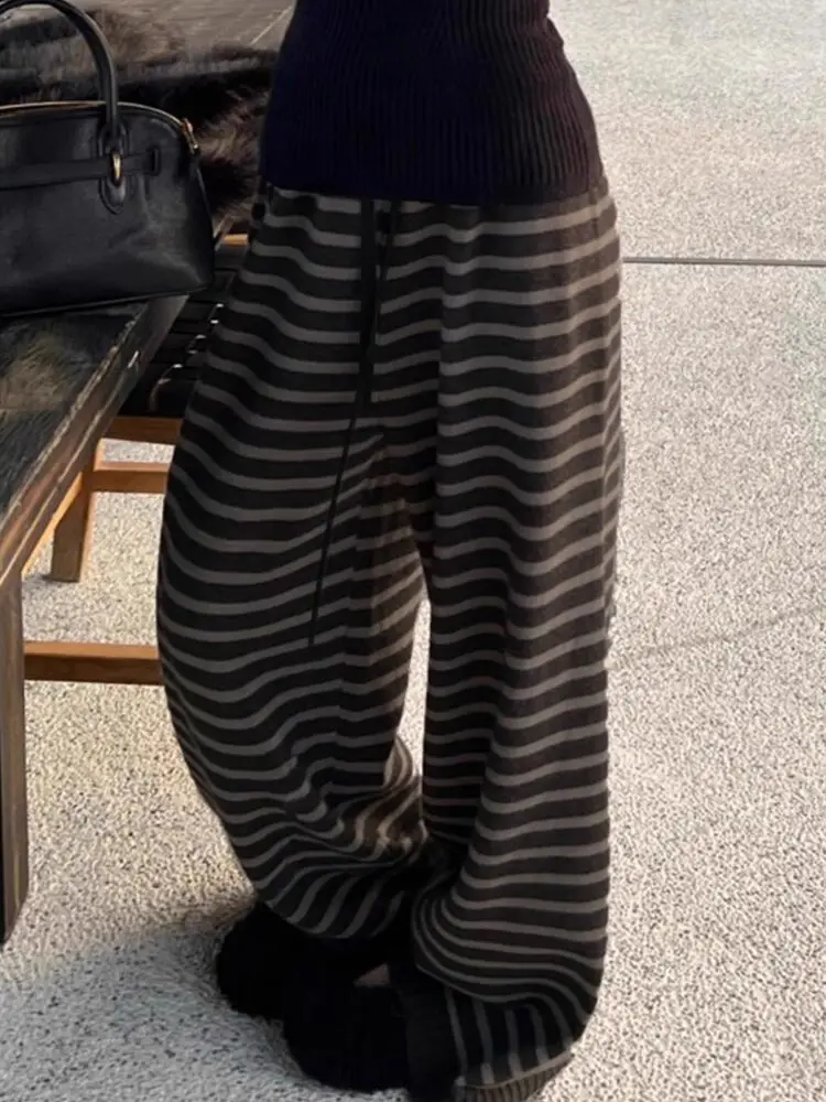 Harajuku – pantalon à jambes larges à rayures de couleur contrastée, Vintage Grunge, ample, tricoté, décontracté, esthétique Y2k, droit pour femmes