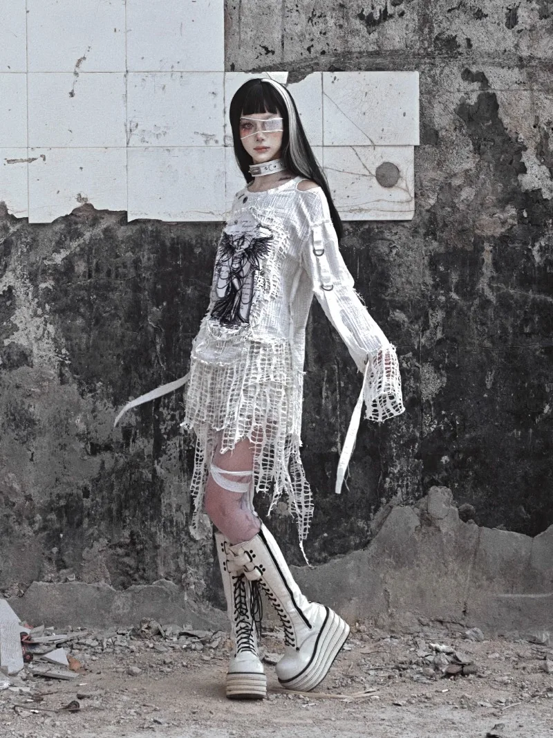 Japanese Original Crew Neck Three-dimensional Pure Cotton Punk Subculture Bondage Angel Restraint Clothes Printed Sweater Women