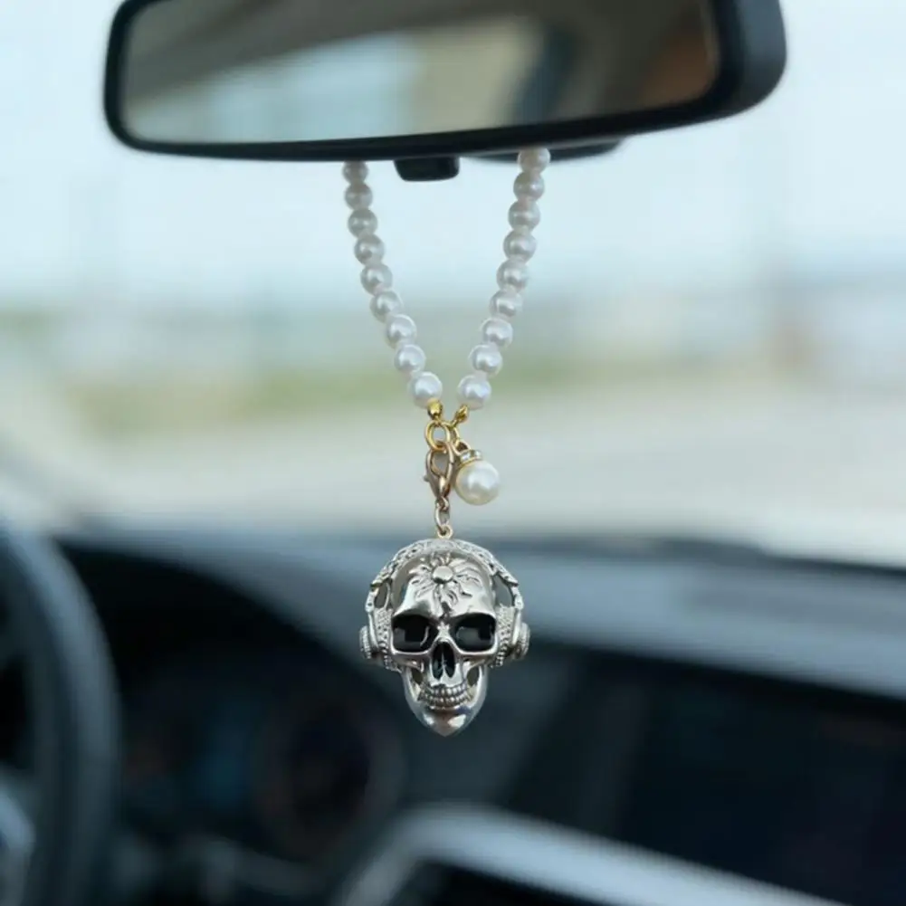 Skull Car Hanging Ornament, Gothic Faux Pearl Chain Auto Rear View Mirror Charm, Funny Vehicle Interior Pendant for Women Men