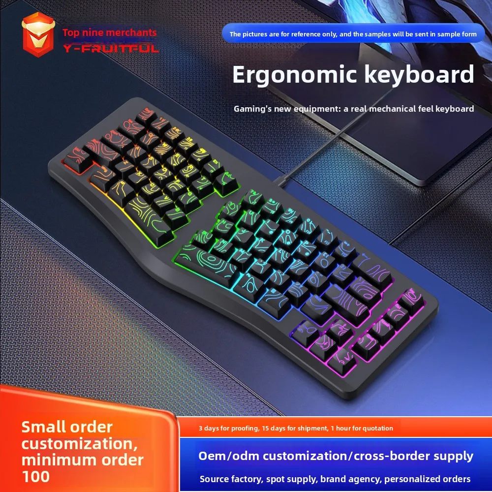 Ergonomic Key Gaming Keyboard Wired Usb Rgb Backlit V Shaped Layout Mechanical Feel Waterproof Compact Design Pc Desktop Office