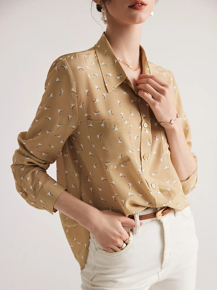 SuyaDream, Women Printed Shirts, 100%Real Silk, Chest Pocket, Single Breasted Chic Blouses, 2024 Spring Summer Office Lady Top