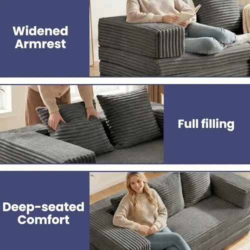 

Grey Corduroy 4-In-1 Foldable Sofa Bed With Detachable Armrests And Backrest, Boneless Loveseat Futon For Living Room Or Bedroom