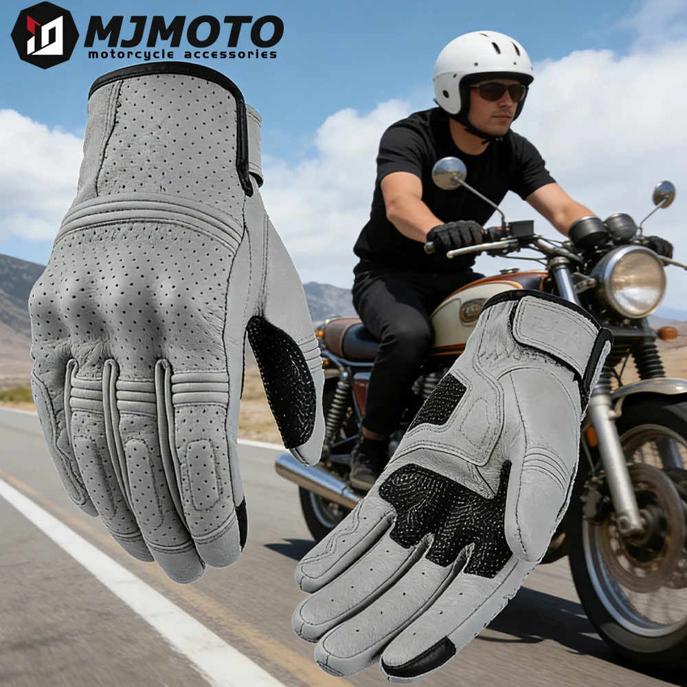 

Men's Goat Leather Motorcycle Gloves Touchscreen Riding Gloves Full Finger Breathable Non-slip Motorbike Motocross Gloves Yellow