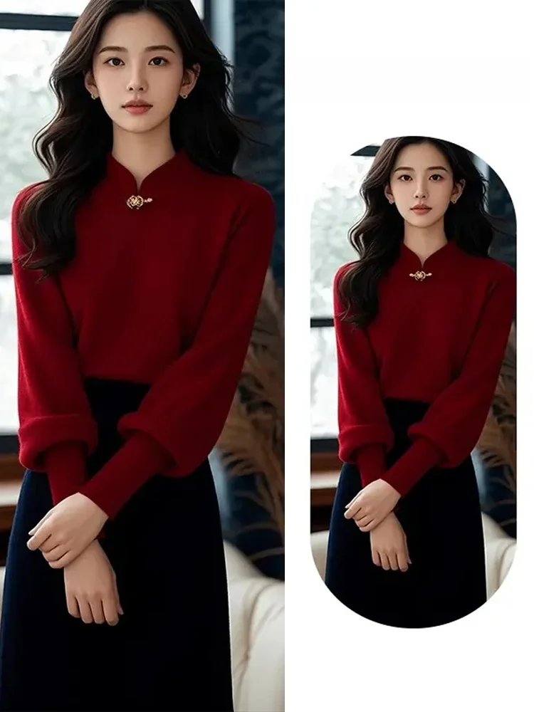 Czerwony Długi Sweter Dzianinowy Nowy Chiński Styl Uliczny Premium Jakość Okrągły Dekolt Bez Zapięcia Wysokiej Klasy Jesienno-Zimowy Top