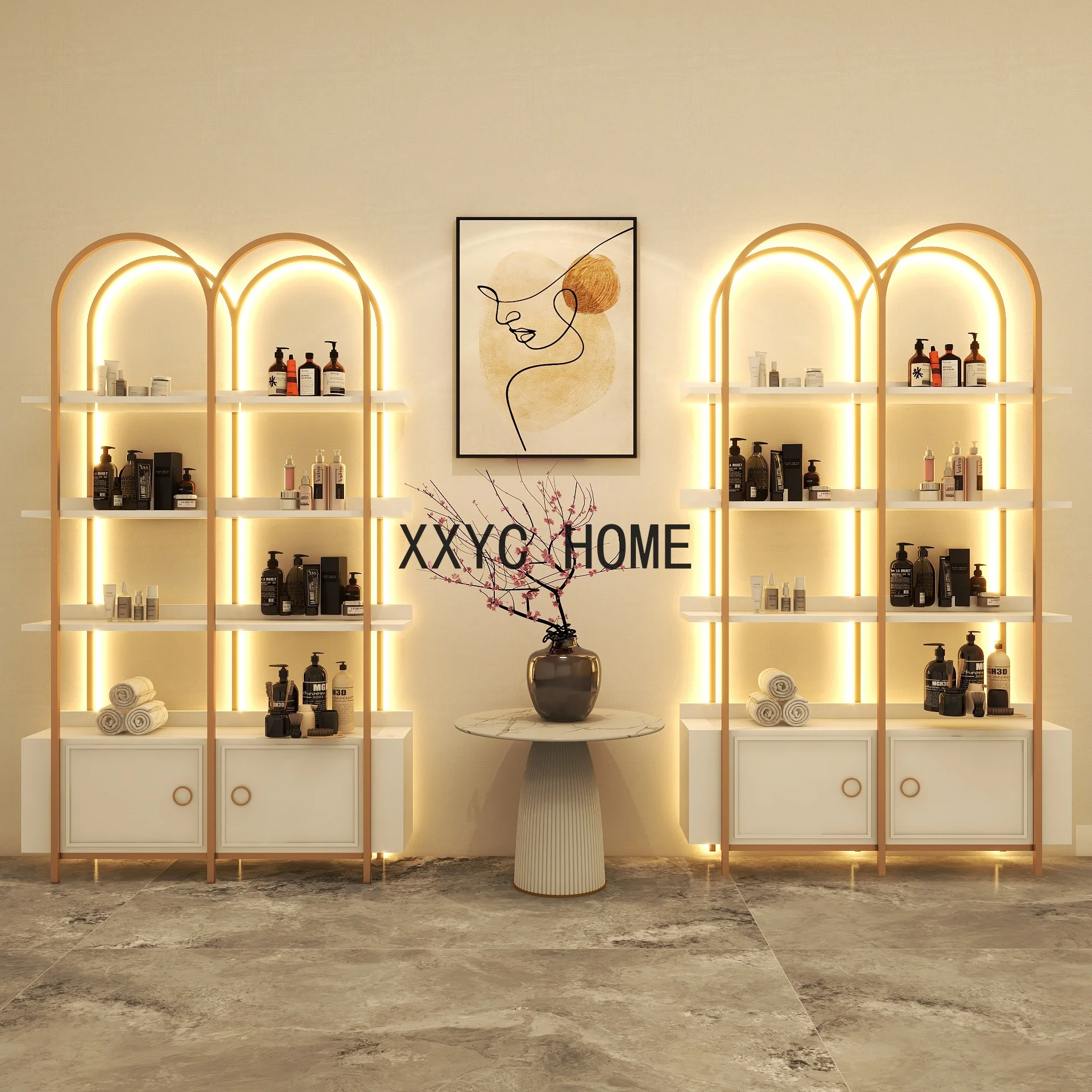 

Luxury Beauty display cabinet Cosmetics shelf Nail shop product shelf Skin care makeup floor display shelf with light