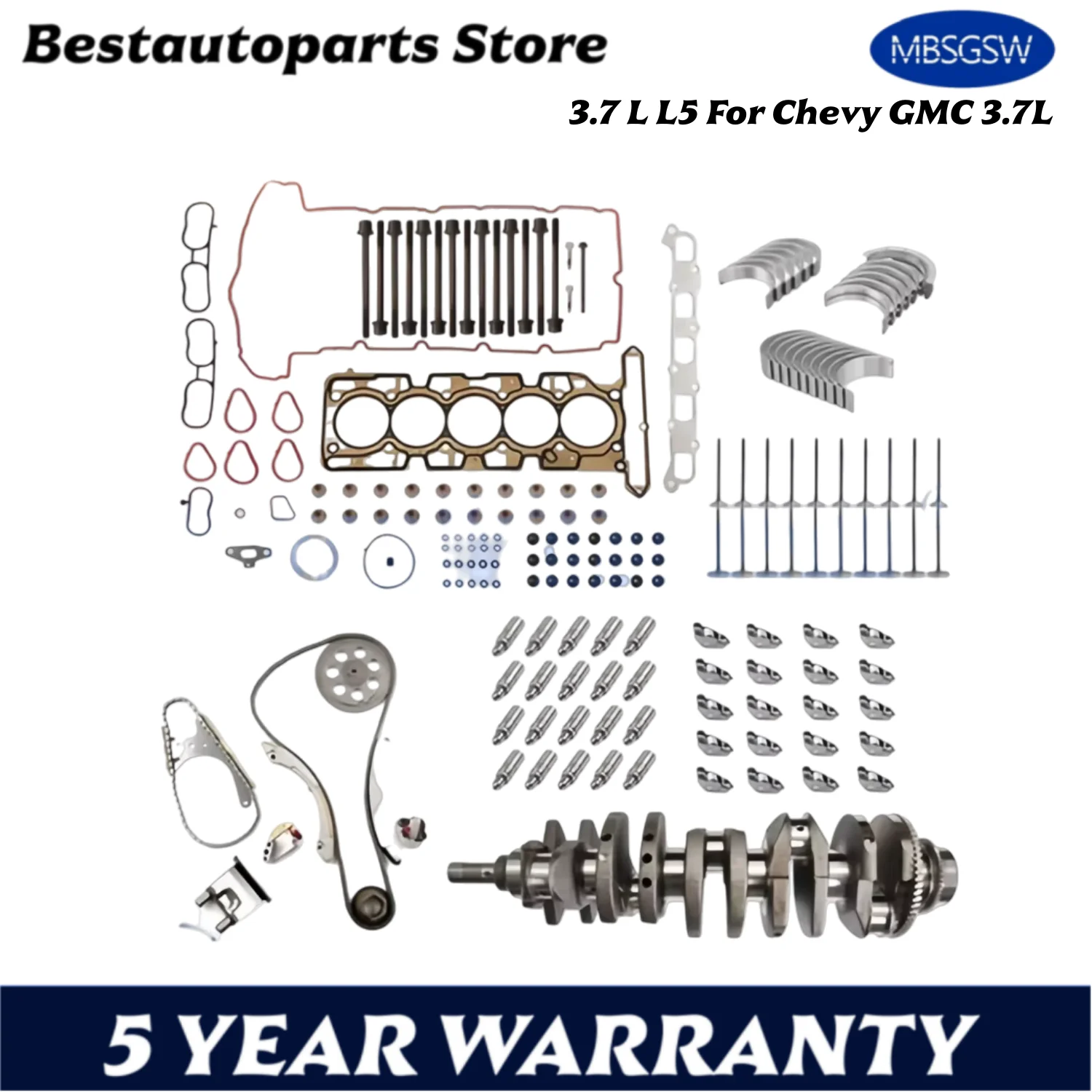 Engine Rebuild Timing Chain Kit Cylinder Head Gasket Crankshaft Valve Lifter Rocker Arms Bearing Fit 3.7 L L5 For Chevy GMC 3.7L