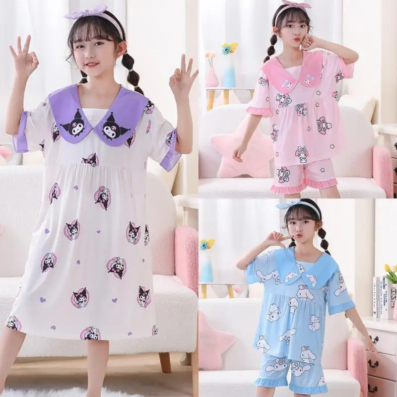 Sanrios My Melody Kids Nightdress Set Ice Silk Thread Kulomi Pajamas Doll Collar Short Sleeve Shorts Girls Cinnamonll Homewear