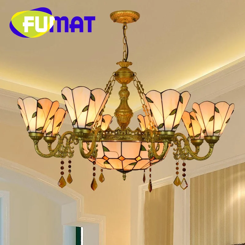 

FUMAT Tiffany style stained glass simple Mediterranean leafy multi-head Pendant lamp Living Room Restaurant Bar Hotel LED decor