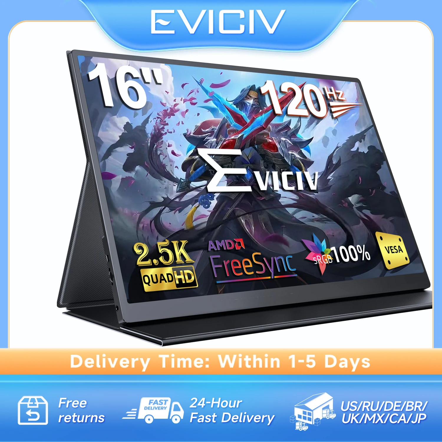 

Eviciv 16-дюймовый портативный игровой монитор 2,5K 120 Гц 100% sRGB AMD FreeSync PC Дисплей для ноутбука Xbox Switch Экран игровой консоли
