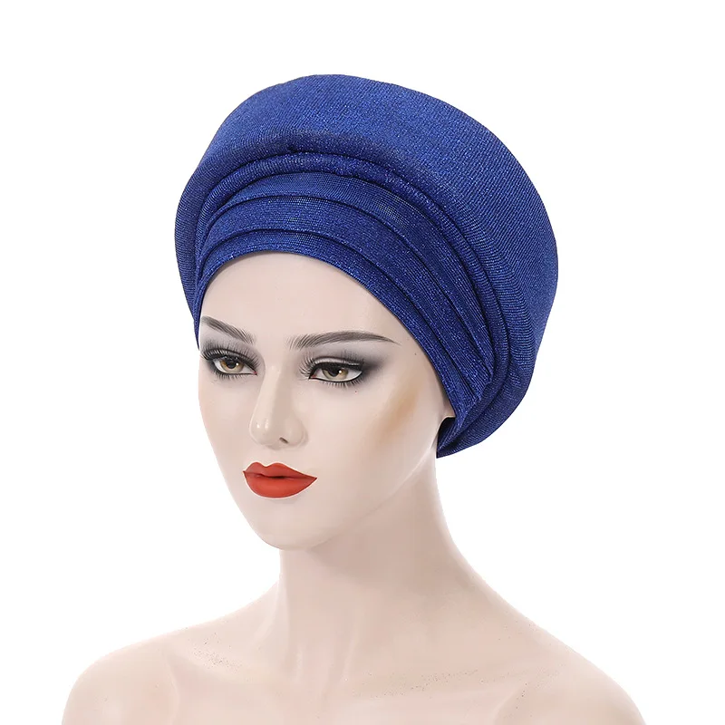 Fashion Yellow African Headtie Turban For Woman Nigerian Gele Already Made Auto Gele Turban Big Flowers Headtie 1Set DMX27-2