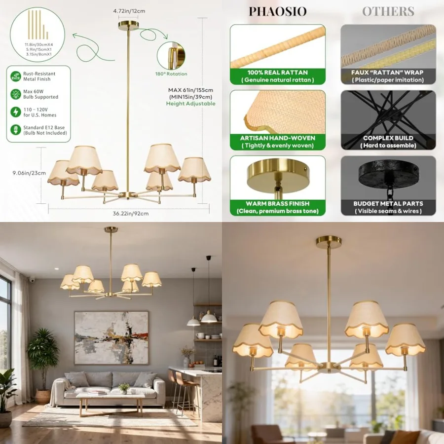 

Large Rattan Chandelier Boho Style, 6-Light Rattan Pendant Light Fixture for Living Room, 39"Adjustable Cottage Rattan Hanging