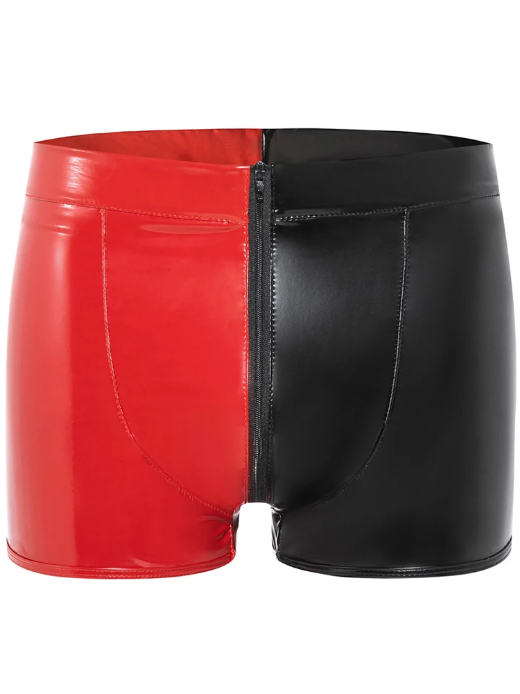 S-5XL Red And Black Wet Look PVC Shorts Shiny PU Leather Convex Pouch Boxer Zipper Trunks Bikini Briefs Boxershorts Calzoncillos