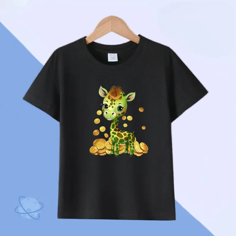 Boys Girls Cute Giraffe With Gold Coins Print T‑Shirt Short Sleeve O‑Neck Casual Loose Kids Fashion Daily Tees Tops
