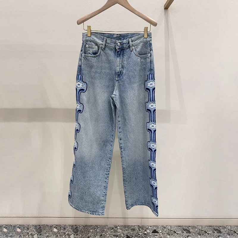 

Women Straight Denim Long Pants Both Sides Floral Pattern Embroidery Decoration Ladies High Waist Zipper Fly Jeans