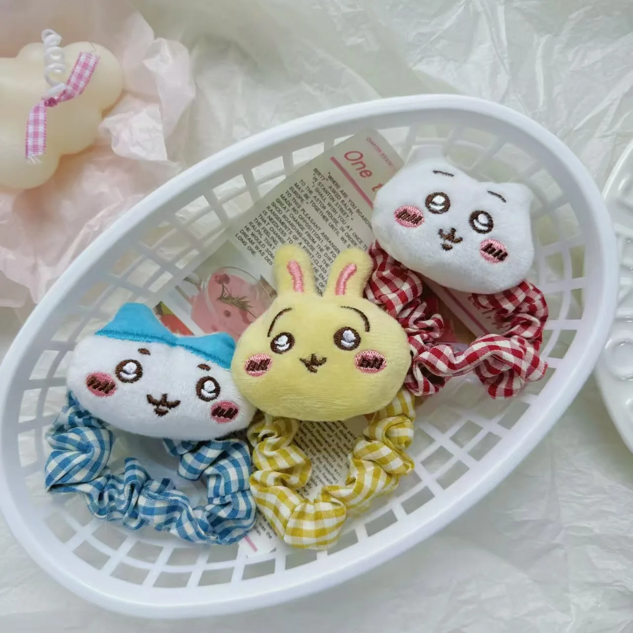 3pcs Sanrio Cute Chiikawa Checkered Hair Hoop Hair Rope Plush Doll Headrope