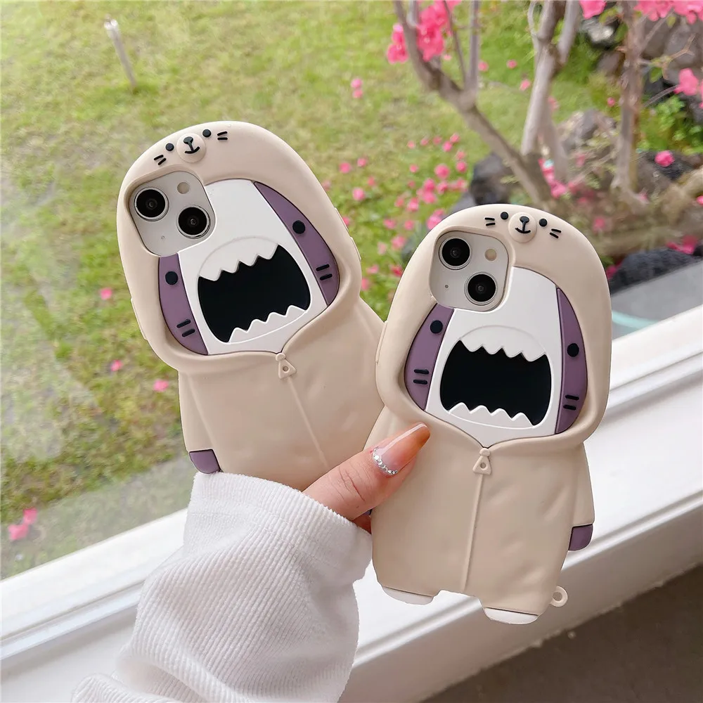 Cute Shark Hoodie Phone Case For iPhone 14 13 12 Pro Max For iPhone 11 Silicone Protective Cover With Pendant