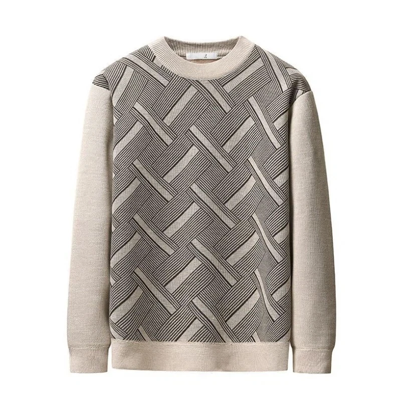 Winter Middle-aged and Elderly Men's Knitted Sweater with Added Velvet and Thickening Warm Base, Round Neck Knitted Sweater Top