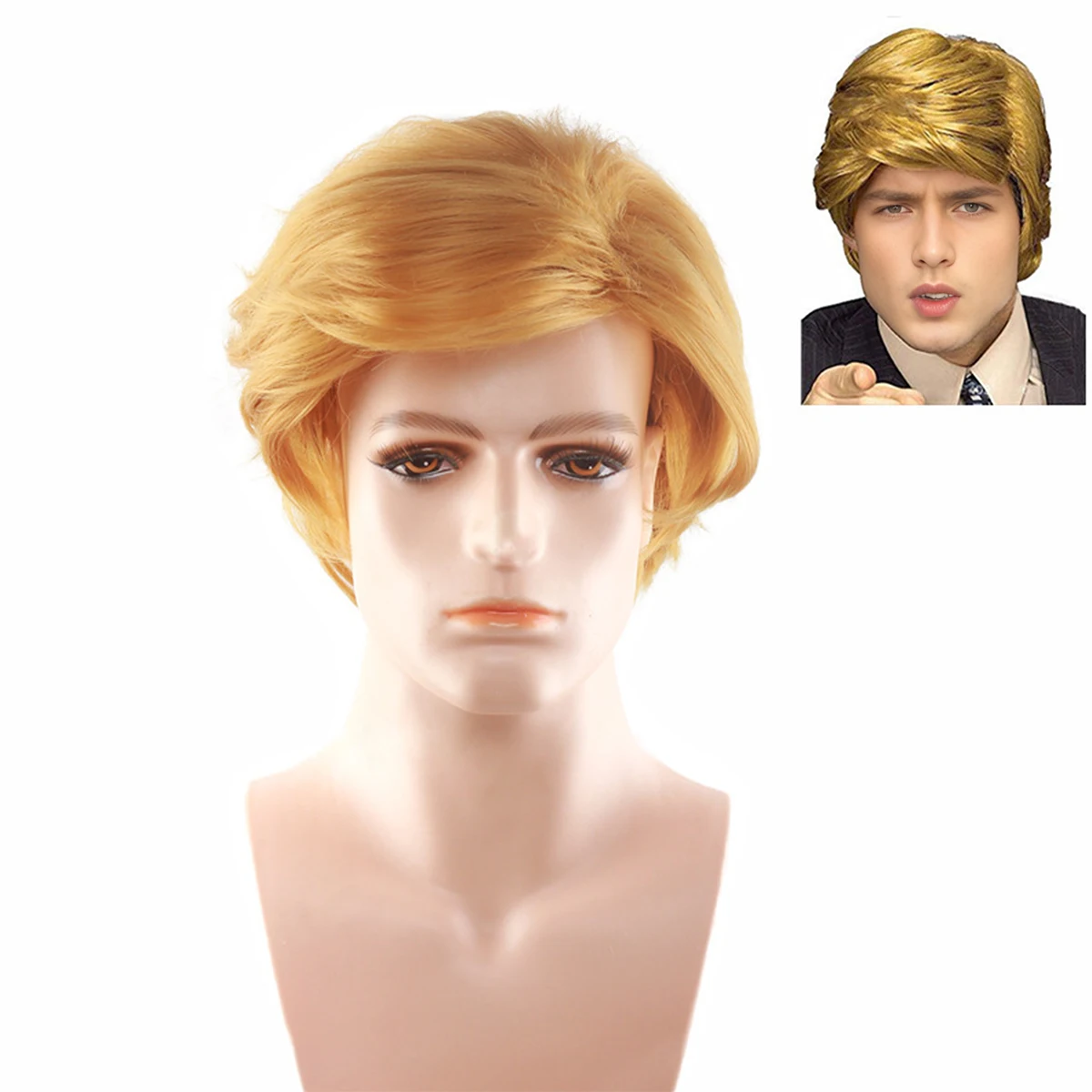 Bright Gold Short Men's Wig Side Part Fluffy Layers Natural Wave Smooth Glossy for Cosplay Fashion Synthetic Wig