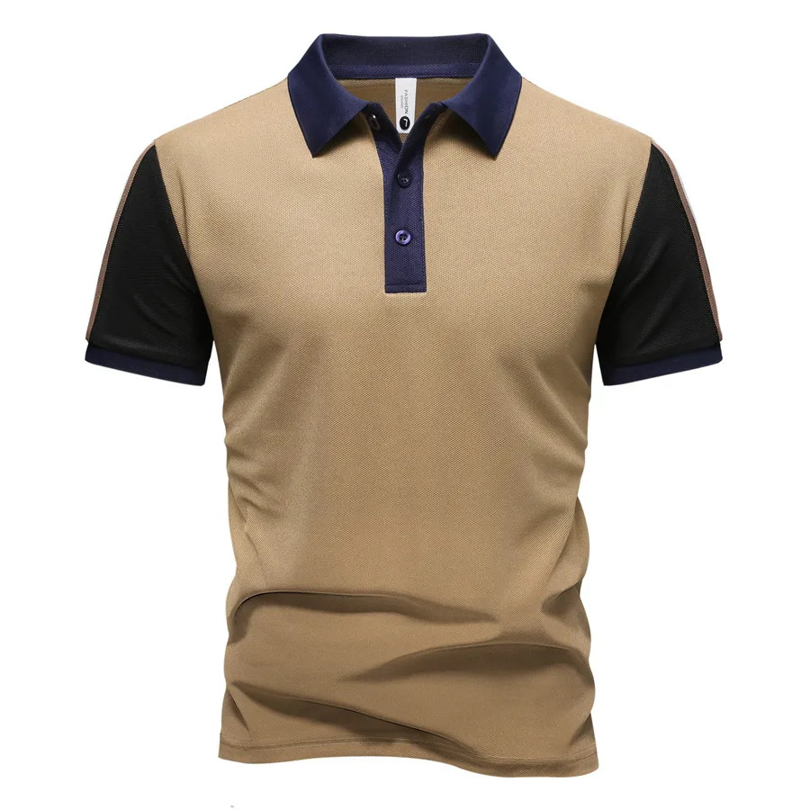 New Summer Men's Patchwork Short Sleeve Polo Shirts Slim Fit Breathable Casual Lapel Collar Color Block Business Office Tops