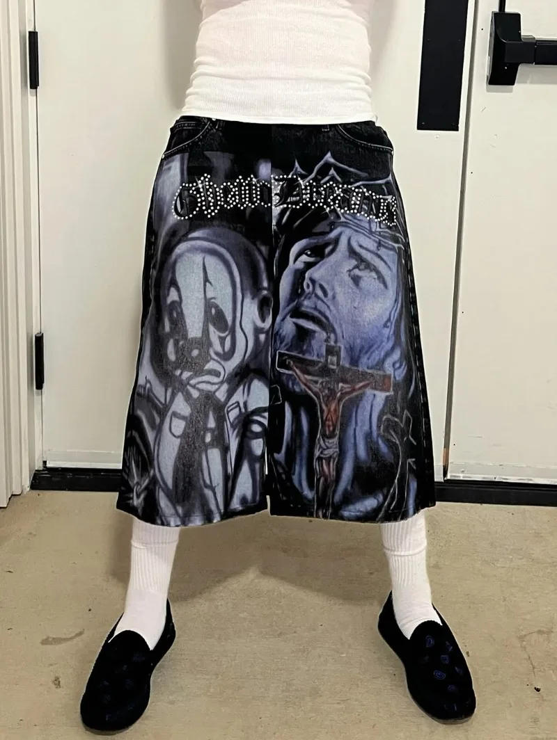 

Punk Goth Harajuku Hip-hop Oversized Washing Denim Shorts Men Y2k Street Retro Fashion Rock Casual Loose Wide-leg Pants Women