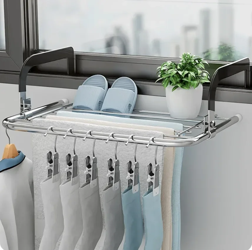 

1pc Stainless Steel Folding Drying Rack Balcony Indoor Window Shoe Rack Balcony Telescopic Hanging Clothes Rack Walls Balcony