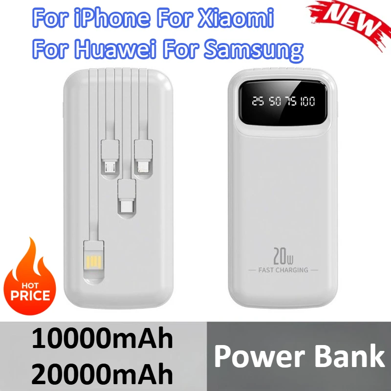 

10000mAh 20000mAh Super Fast Charging Portable Power Bank For iPhone For Xiaomi For Huawei For Samsung Built in Cables