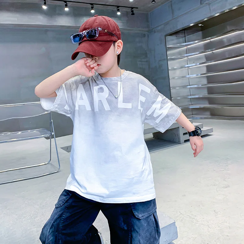 Boys' Summer Gradient Cotton Short SleeveTT-shirt2024New Children's Boys' Summer Handsome Half-Sleeved Loose Top