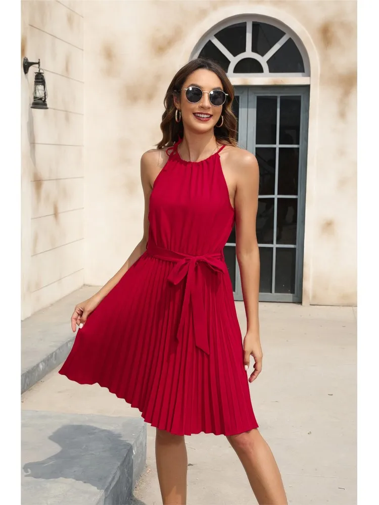 

2025 Summer New SleevelessSolid Color Lace-up Dress Women Pleated Ruffle Loose Ladies Dresses FashionCasual Woman Dress