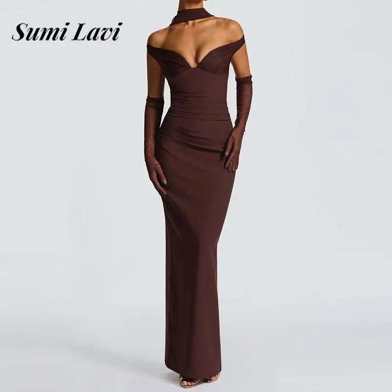 

Elegant One Shoulder Package Hip Dress Women Sexy Hollow Out Backless Slim Long Dress Fashion Draped Solid Color Evening Dresses
