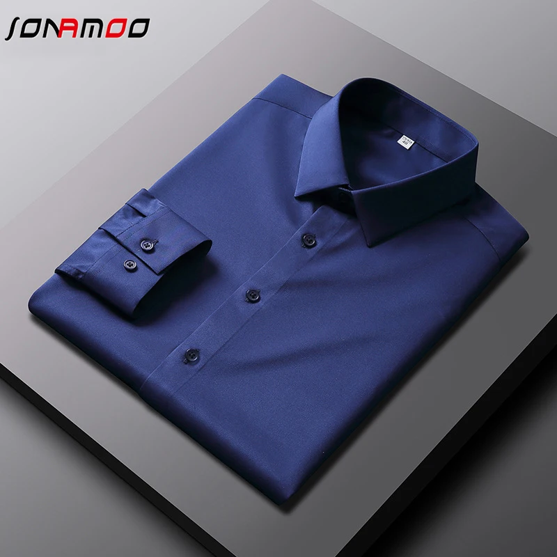 Camisa de manga comprida masculina, blusa empresarial, não resistente a rugas e engomar, casual e elegante, monocromática