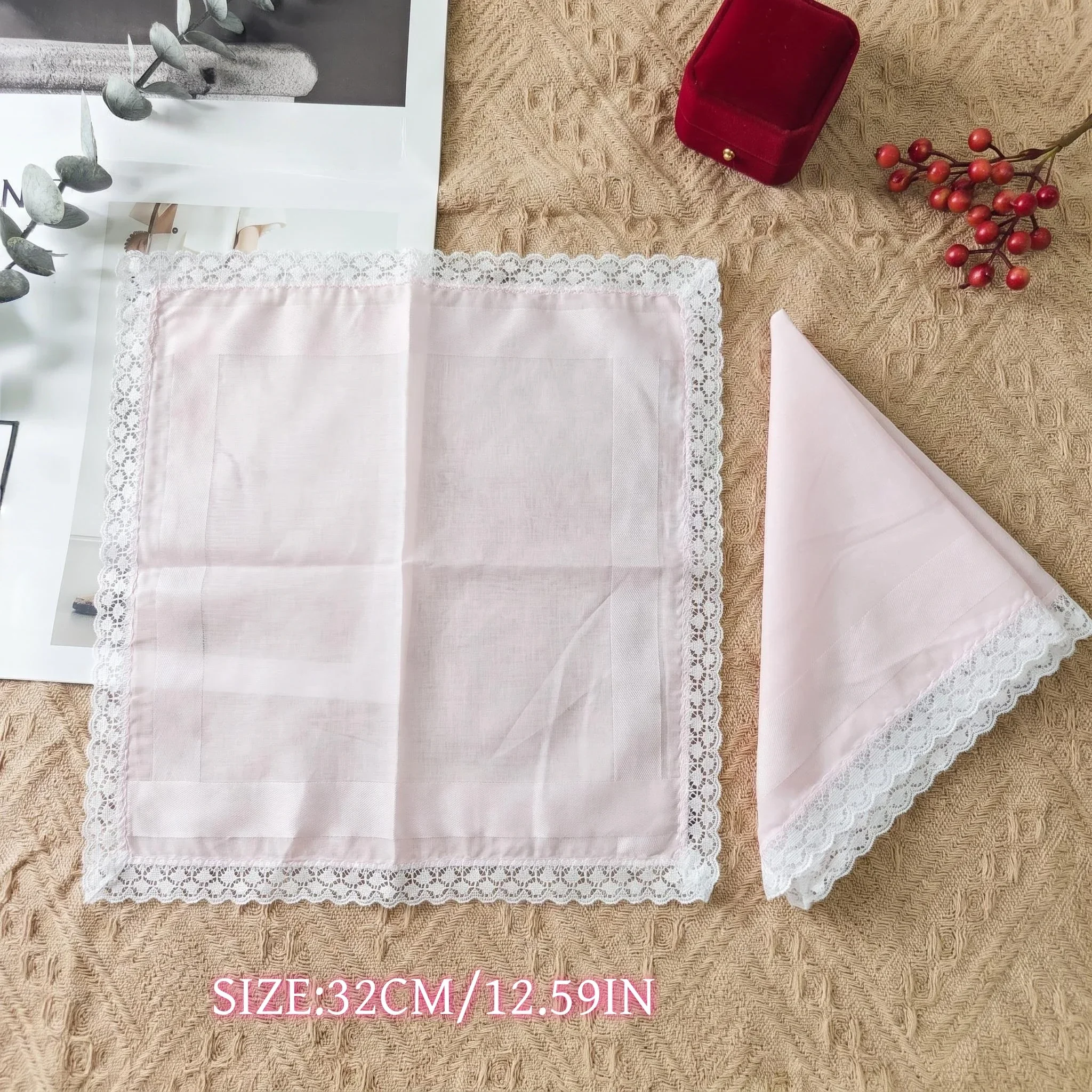 Lightweight 5Pcs Wedding Blessing Handkerchiefs Soft Fabric Lace Trim Hankies 32CM/12.59IN Gift for Parents and Friends
