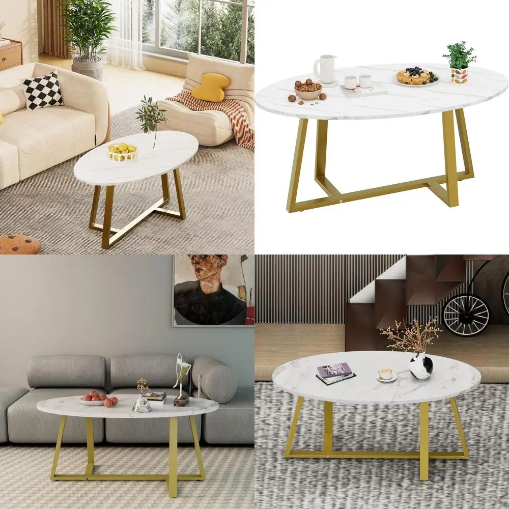 

White Marble Oval Coffee Table for Living Room, Compact Wooden End Table with Gold Metal Legs