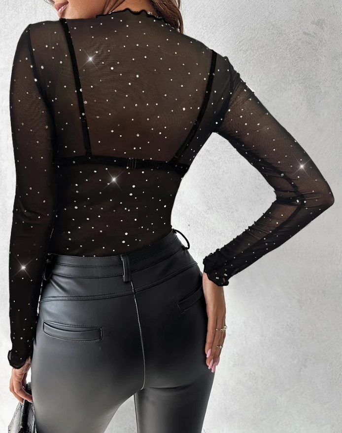 Kobieta bluzka 2023 moda wiosenna Rhinestone przezroczysta przezroczysta siateczka wokół szyi falbana Hem koszulka z długim rękawem seksowne topy Y2K