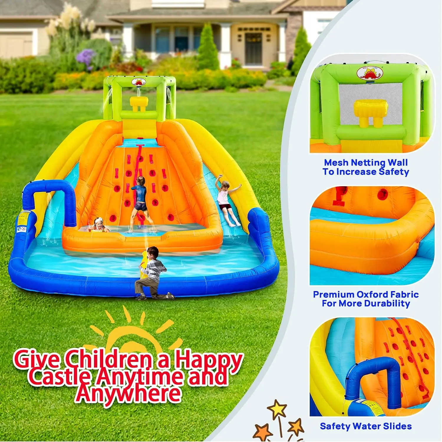 WELLFUNTIME Inflatable Water Slide, Bounce House with Water Bucket, Deep Pool, Climbing Wall with Rope, Bouncy Castle with Air B