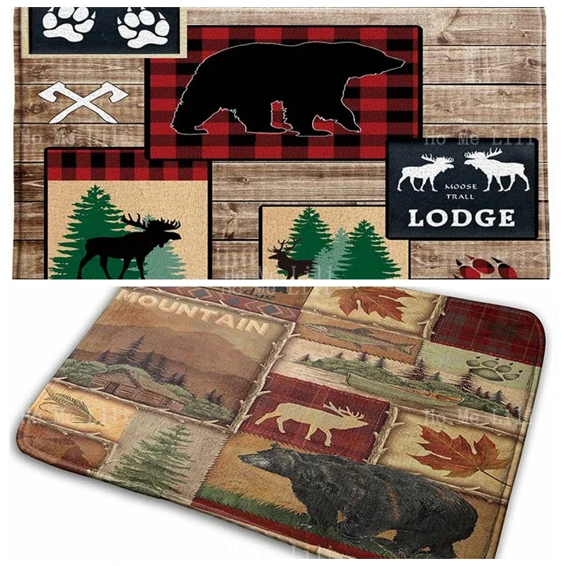 Rustic Lodge Farmhouse Bear Moose Cabin Buffalo Plaid Band Deer Forest Animal Vintage Wooden Country Wildlife Flannel Floor Rugs