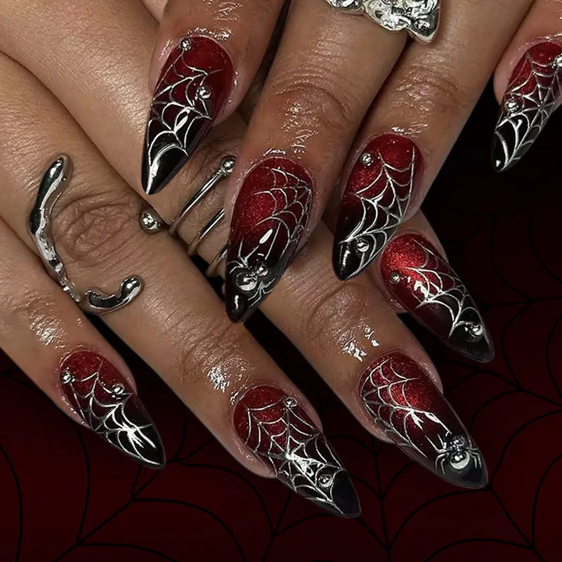 

24PCS Dark Red Cat Eye Gradient Almond Press on Nails Halloween Silver Spider Web Designs Fake Nails for Women Wearable Manicure