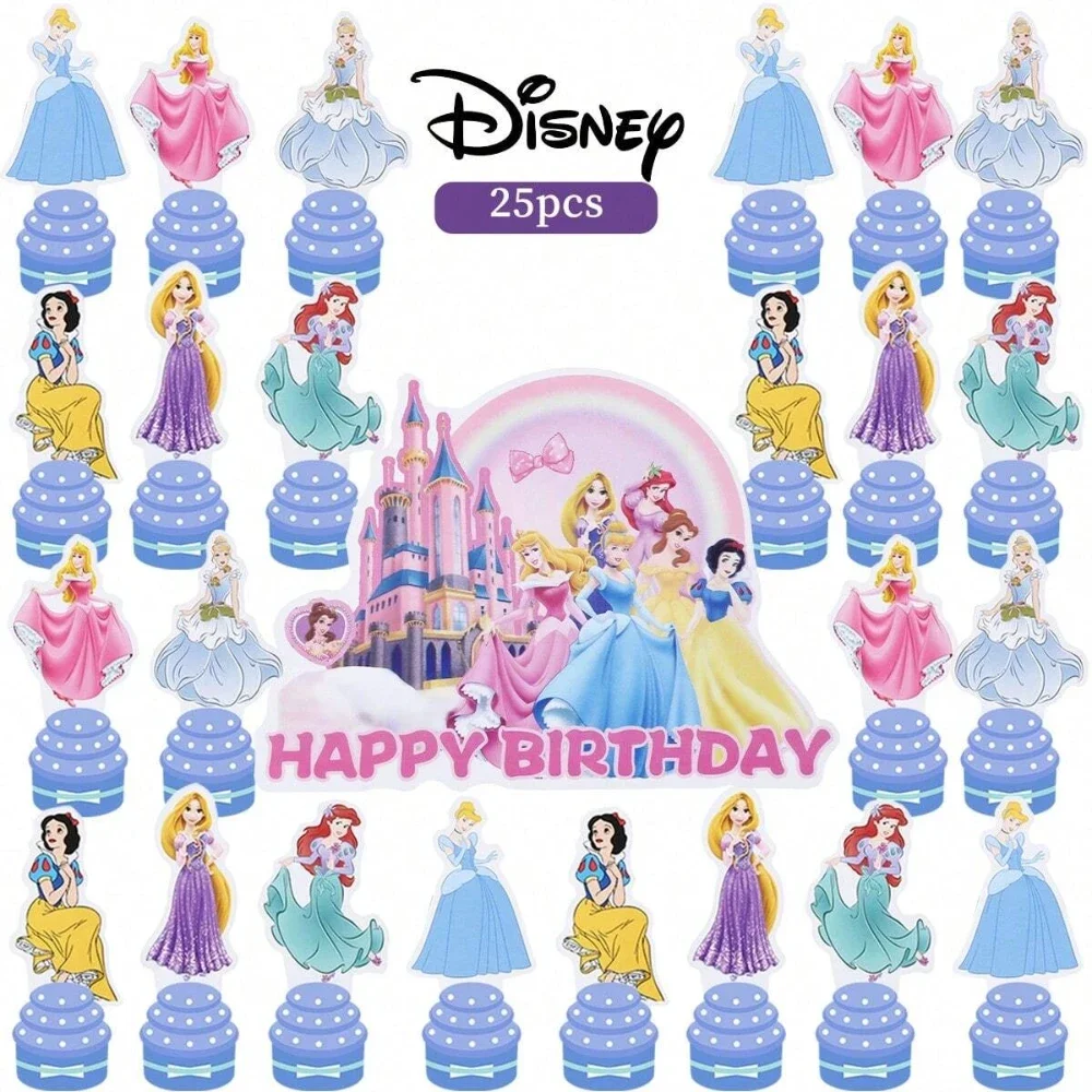 25 Pcs Disney Princess Party Decor Cake Toppers Girls Favors Princess Cinderella Ariel Theme for Girls Birthday Cupcake Toppers