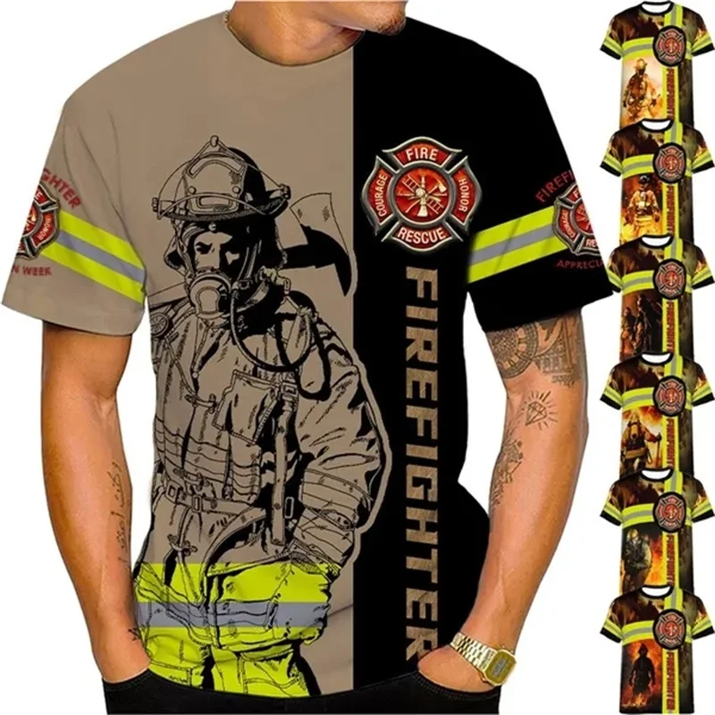 3D Printing FireFighter Hero T-shirt Casual Cool Round Neck Short Sleeve Tees Top For Men Kids Firemen Graphic Tshirt Streetwear