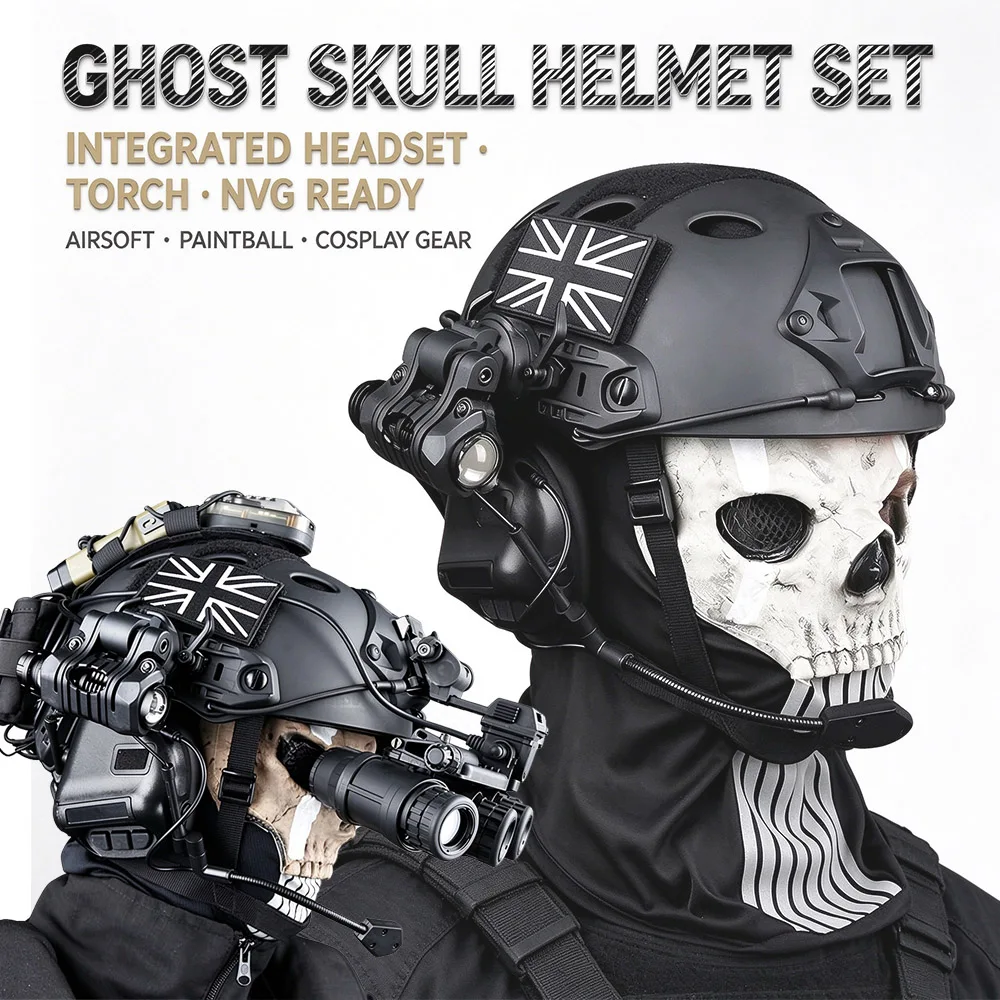 YCTAC Tactical Helmet Set Airsoft  Ghost Skull Mask Helmet Kit with NVG Dummy Model Headset Mask for Paintball Cosplay Outdoor