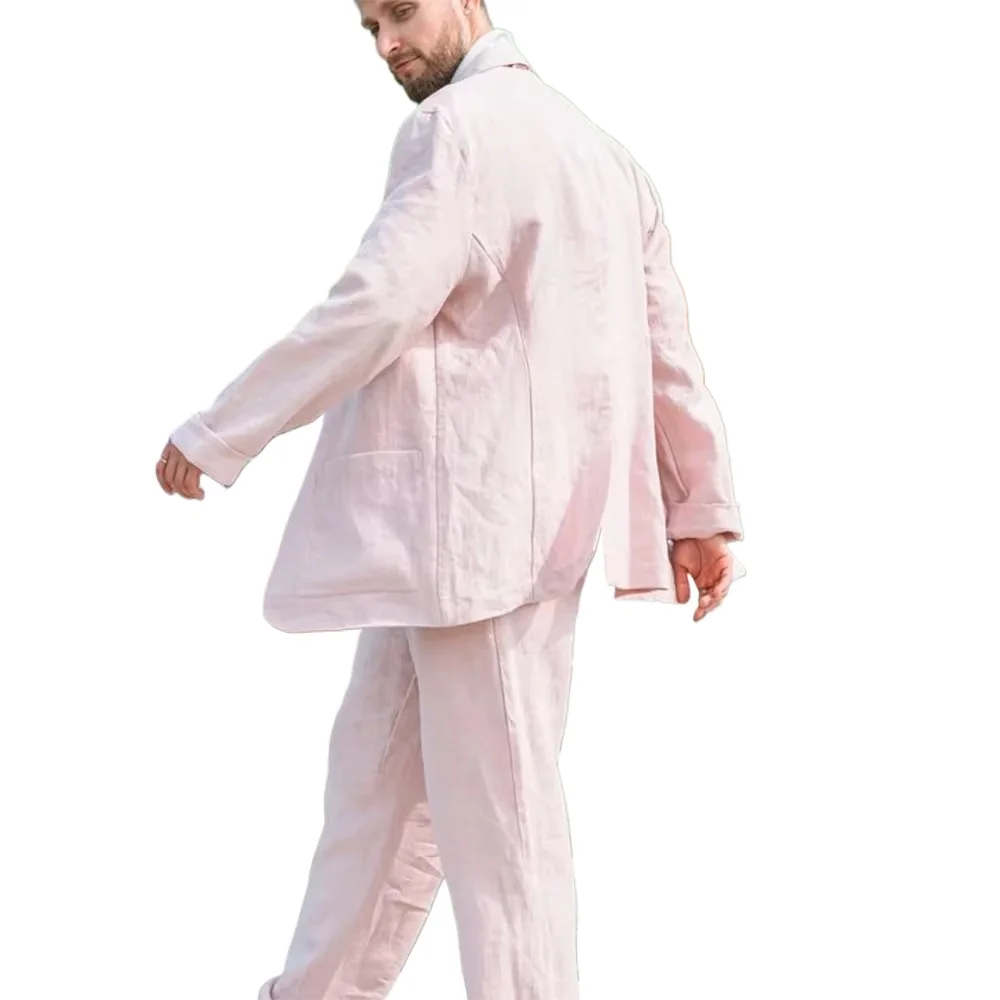 

Pink Linen Men's Suits 2 Piecs Blazer Pants Single Breasted Wedding Groom Suits Banquet Custom Made Male Formal Suits
