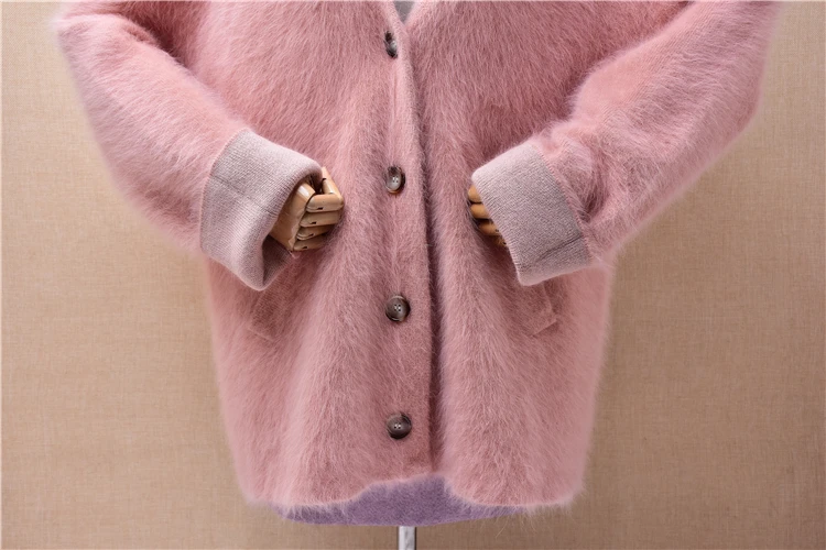 Female Women Autumn Winter Thick Warm Pink Hairy Angora Rabbit Hair Knitted V-Neck Long Sleeves Loose Cardigans Sweater Jacket