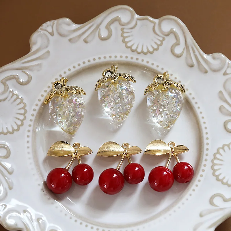 20pcs/ Bag  Luxurious Golden Plated Strawberry Cherry Pendant Beads for Earring Bracelets Necklace Making Accessories
